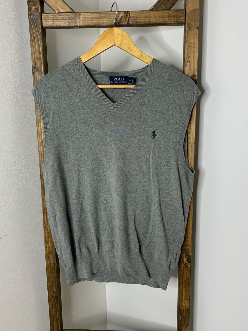 Ralph Lauren Gray V-Neck Sweater Vest with Green Logo Size L